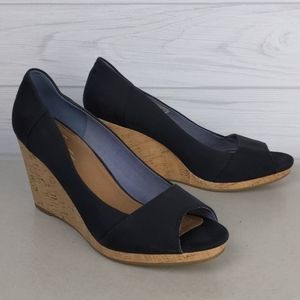 Toms Stella Black Canvas Peep Toe Cork Wedges 12